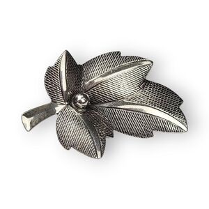 Beau Sterling Leaf Brooch Vintage Ripple Textured Shiny Modernist 925 Silver